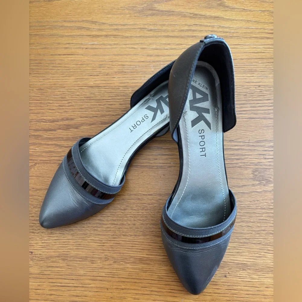 Anne Klein Sport Onmyway d’Orsay Pewter Leather Metallic Pointed Toe Flats, 8